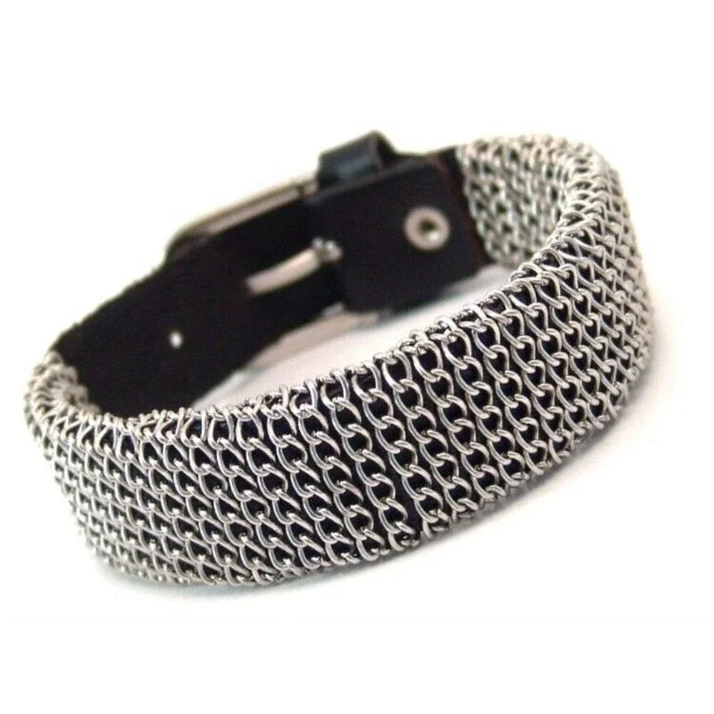 Chain Wrapped Leather Buckle Bracelet Adjustable Surgical Steel